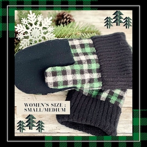 Upcycled Tartan Wool Sweater Mittens: Cozy Plaid Fleece-Lined Winter Gloves for Women