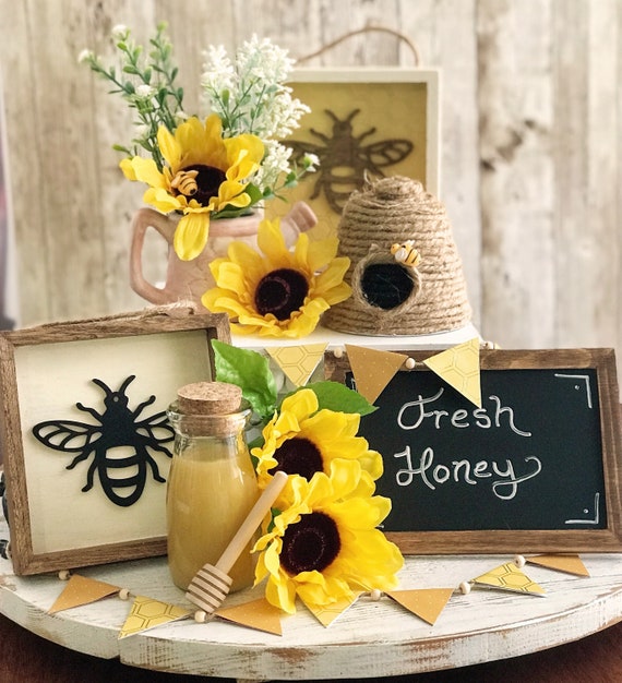 Honey Bee Tiered Tray Decor Bundle, Honey Bee Decor, Farmhouse Honey Pot 