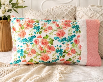 Handmade Cotton Floral Pillowcase – Vintage Farmhouse Coral Teal Baby Nursery