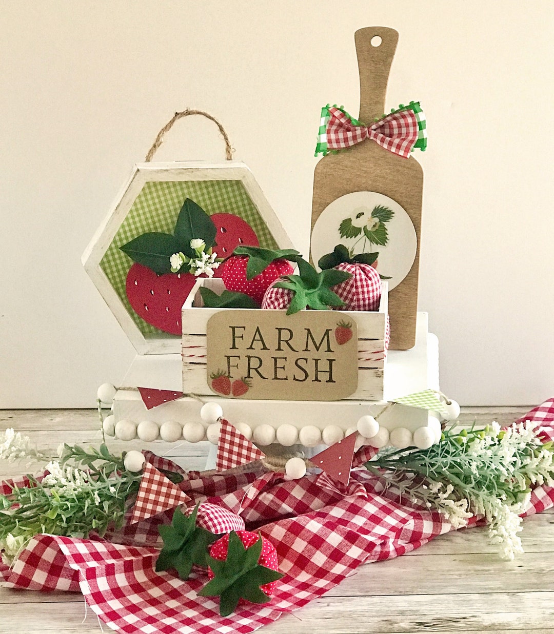 Strawberry Kitchen Decor, Strawberry Tiered Tray Decor Bundle