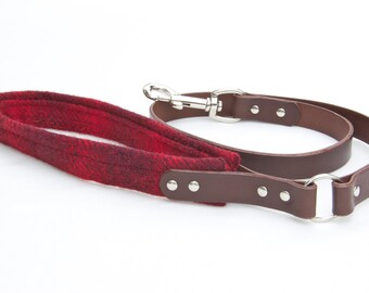 Smycz psa, pies prowadzić Harris Tweed i skóry, silny i stylowy, wykonane na zamówienie, czerwona krata, Plaid psa prowadzić