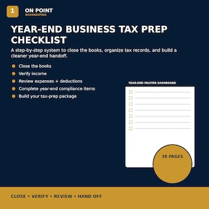 Peut inclure: Un document numérique bleu foncé intitulé Year-End Business Tax Prep Checklist avec une liste blanche de tâches incluant la clôture des comptes. Il présente un graphique Year-End Master Dashboard avec des cases à cocher et un cercle doré indiquant 38 pages.