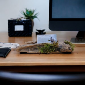 Driftwood Business Card Holder with Two Moss Detail, Business Card Display, Driftwood Business Card Display, Wood Business Card, Card Holder