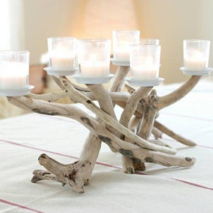 Bleached White Driftwood Seven Candle Candelabra with Votive Plates, Unique Table Decor, Rustic Centerpiece, Driftwood Art, Driftwood Decor,