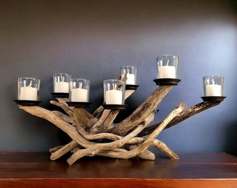 Dark Driftwood Votive Candelabra, Seven Candle Candelabra with Votive Plates, Table Centerpiece, Wood Candle Holder, Driftwood Art,Driftwood