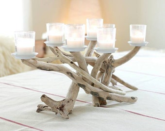 Bleached White Driftwood Seven Candle Candelabra with Votive Plates, Unique Table Decor, Rustic Centerpiece, Driftwood Art, Driftwood Decor,