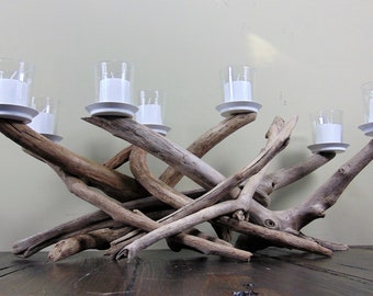 Natural Silver Driftwood Votive Candelabra, Seven Candle Candelabra with Votive Plates, Table Centerpiece, Wood Candle Holder, Driftwood Art