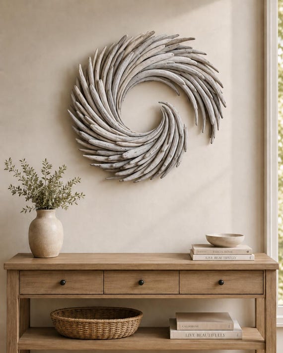 Driftwood Wall Art – 24 Inch Round Wave Sculpture – Coastal Wall Decor – Ocean Inspired Statement Piece