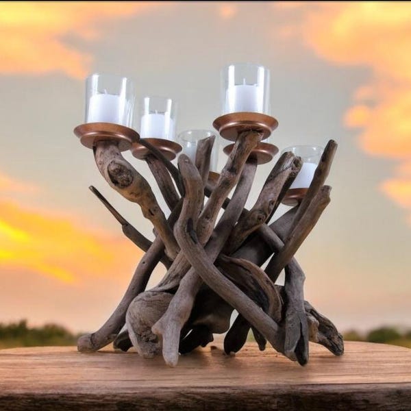 Driftwood Candelabra, Six Votive Candle Holder, Coastal Table Centerpiece