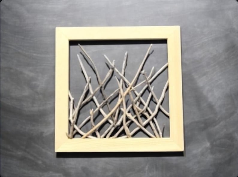 May include: A framed artwork featuring a collection of light brown twigs arranged in a random pattern against a dark gray background.
