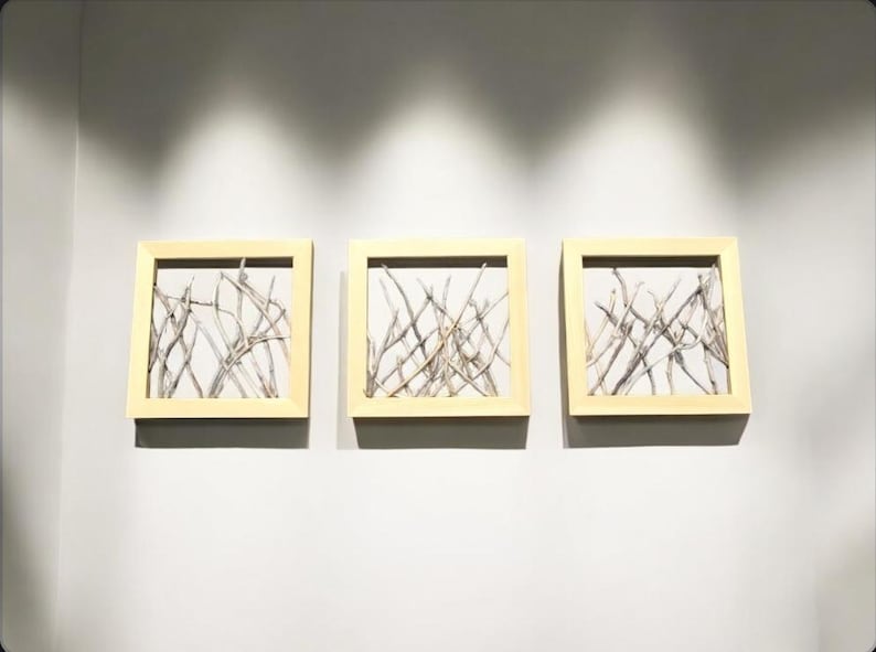 May include: Three framed pieces of art with a light wood frame and a white background. Each frame contains a collection of twigs arranged in a random pattern.
