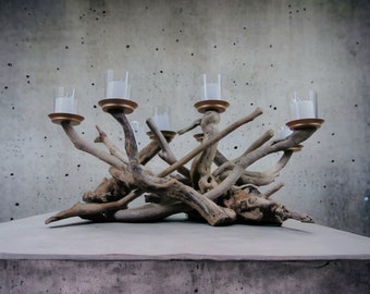 Dark Driftwood Votive Candelabra, Seven Candle Candelabra with Votive Plates, Table Centerpiece, Wood Candle Holder, Driftwood Art,Driftwood