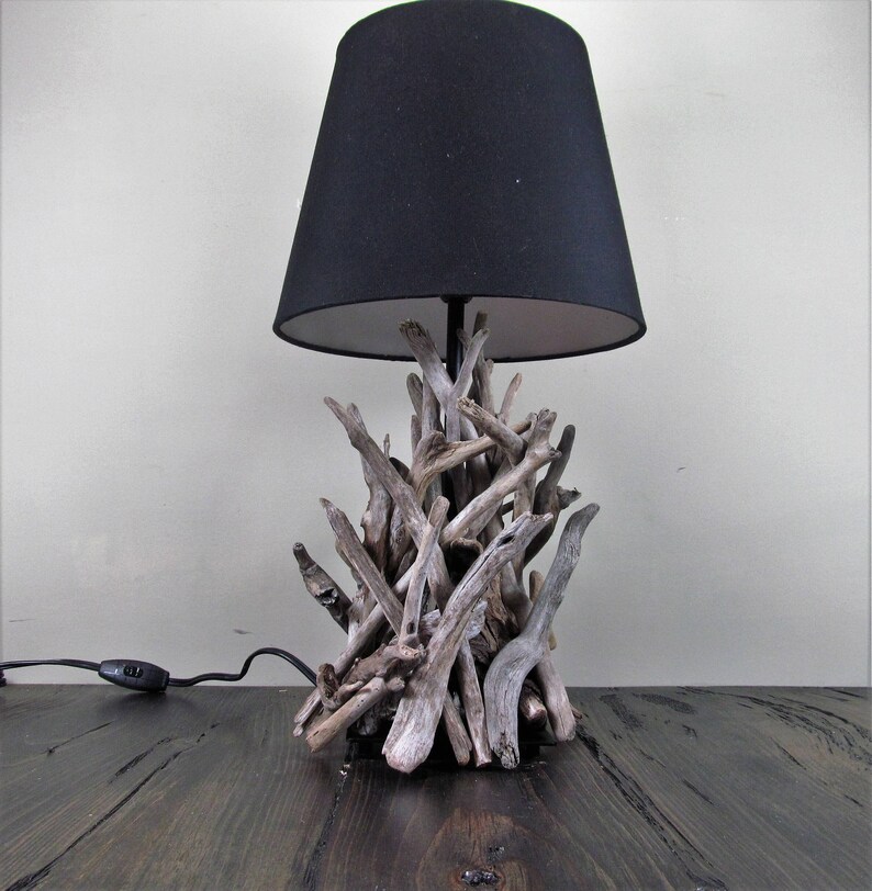 Driftwood Table Lamp with Driftwood Sculpture and Black Base Etsy