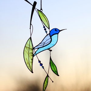 Stained Glass Art Suncatcher Window hangings Hummingbird Bird Home decor Gift image 1