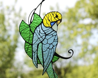 Budgie Suncatcher Stained Glass Art Window hangings Parrot Bird Home decor Gift