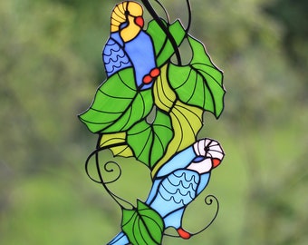Budgie Suncatcher Stained Glass Art Window hangings Parrots Birds Couple Love Home decor Gift