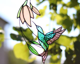 Suncatcher Stained Glass Art Window hangings Hummingbird Bird Home decor Gift