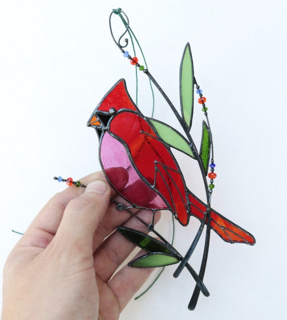 Suncatcher Stained Glass Art Window Hangings Cardinal Bird Etsy