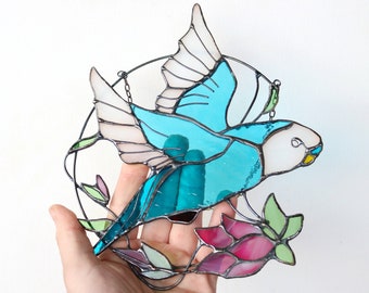Budgie Suncatcher Parrot with flowers Bird Stained Glass Art Window hangings Home decor Gift