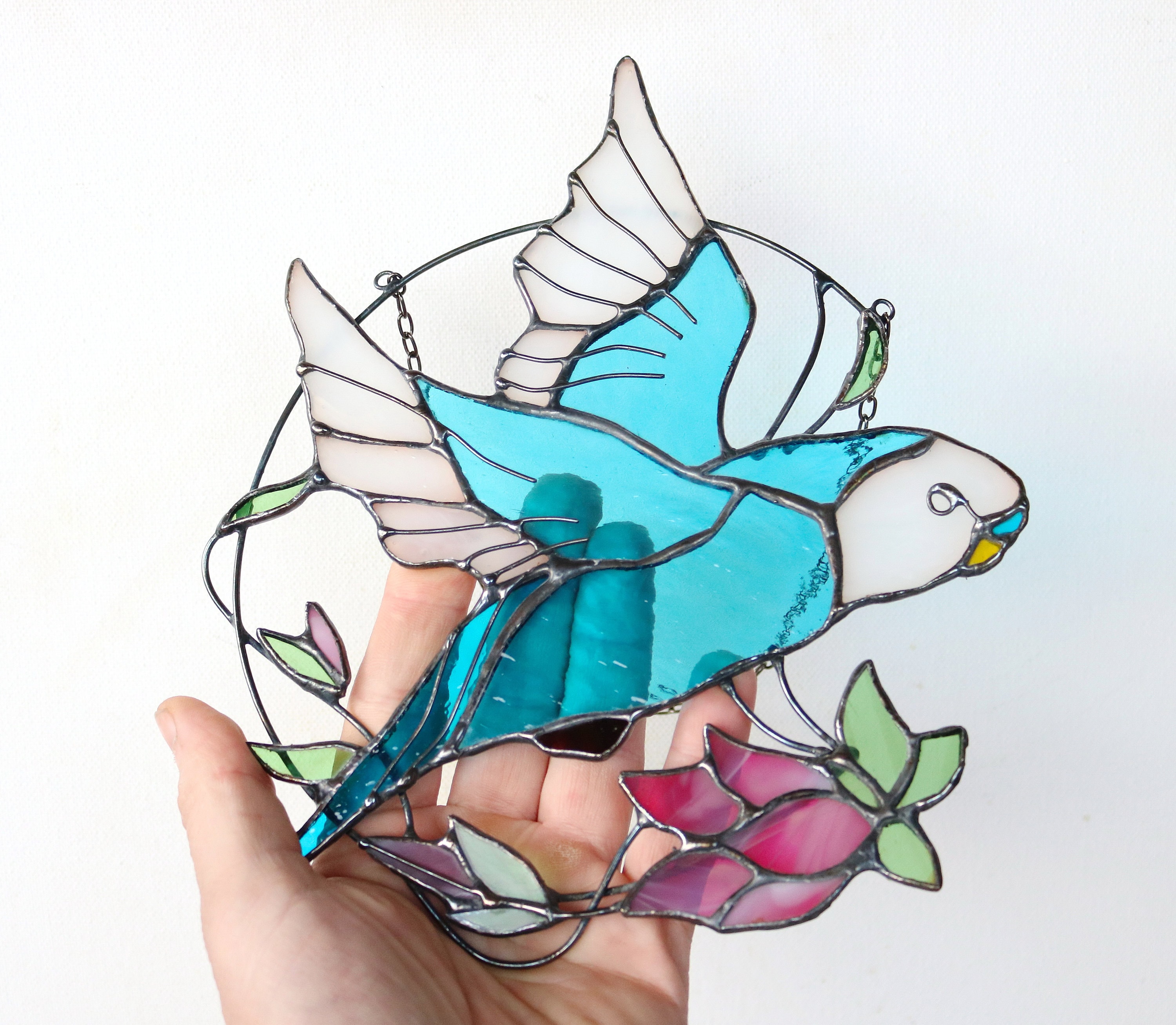 Budgie Suncatcher Parrot with flowers Bird Stained Glass Art Window hangings Home decor Gift