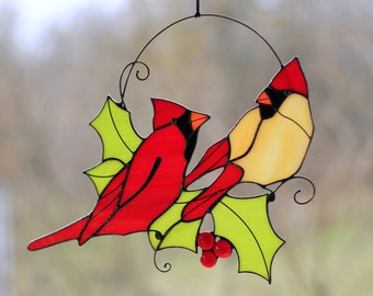 Couple of Cardinal Birds Pair on holly berry branch Suncatcher Stained Glass Art Window hangings Home decor Gift