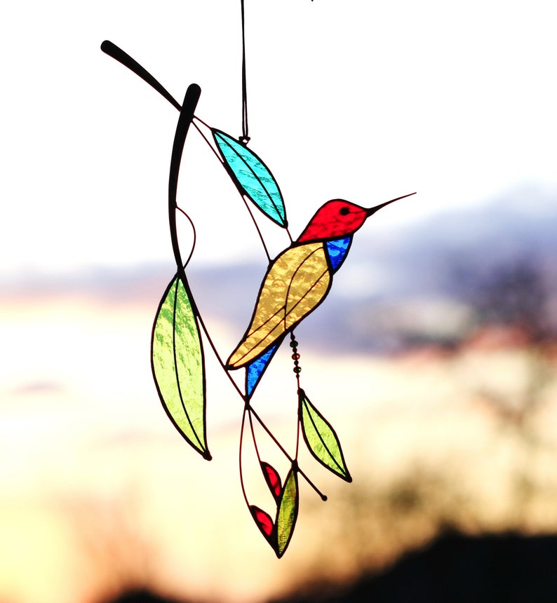 Suncatcher Stained Glass Art Window hangings Hummingbird Bird Home decor Gift image 1