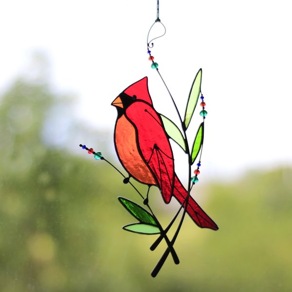 Suncatcher Stained Glass Art Window hangings Cardinal Bird Home decor Gift