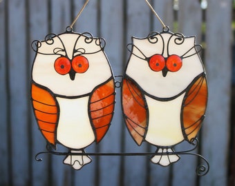 Stained Glass Art Suncatcher OWLS Couple Pair Birds window hangings Home decor Gift love