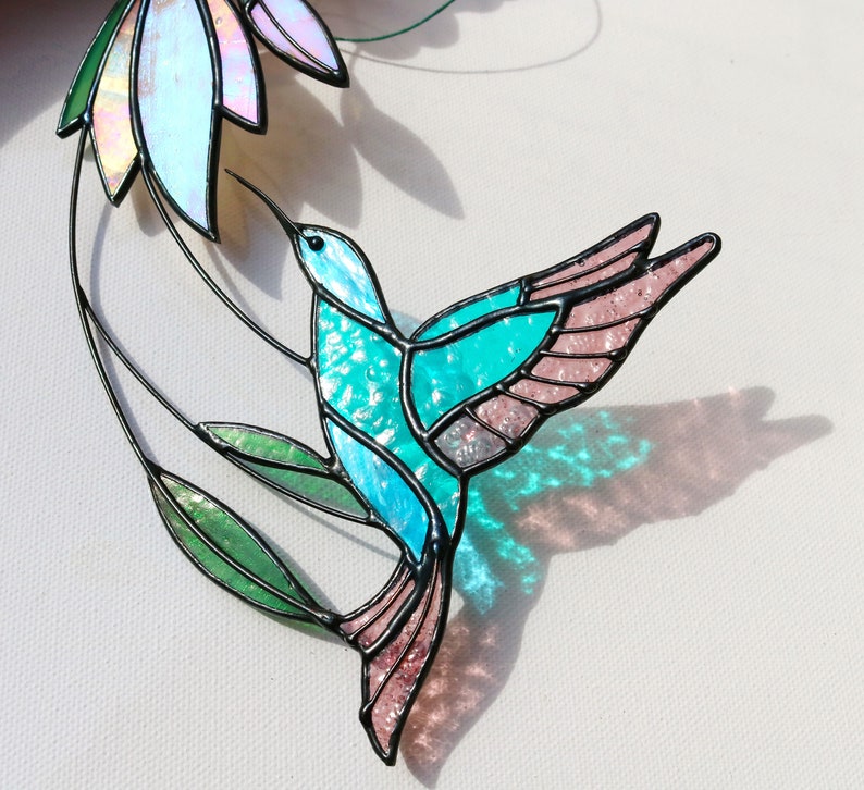 Suncatcher Stained Glass Art Window hangings Hummingbird Bird Home decor Gift image 4