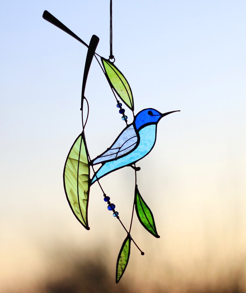 Stained Glass Art Suncatcher Window hangings Hummingbird Bird Home decor Gift image 1