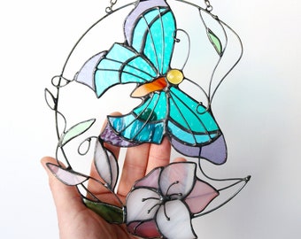 Suncatcher Butterfly with flowers Window hangings Stained Glass Art Window panel Handmade Home decor Gift