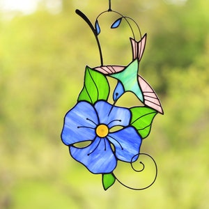 Stained Glass Art Suncatcher Fenster Panel Vogel Kolibri mit Blume Handmade Wohnkultur Geschenk