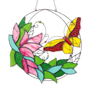 Stained Glass Art Suncatcher Window panel Butterfly with flowers Handmade Home decor Gift