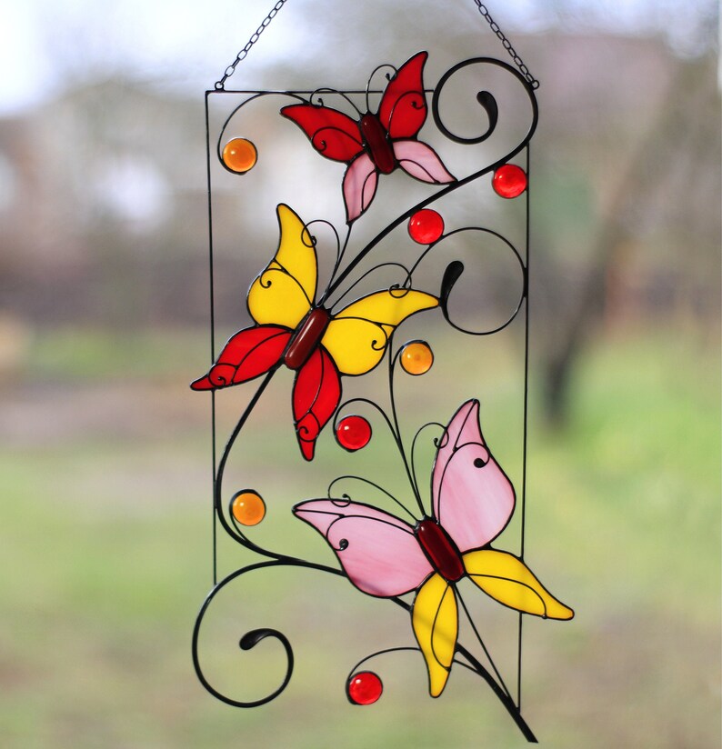 Stained Glass Art Window Hangings Suncatcher Butterfly Tiffany Etsy
