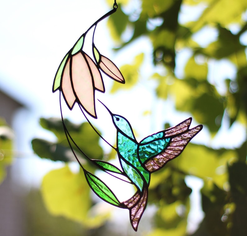 Suncatcher Stained Glass Art Window hangings Hummingbird Bird Home decor Gift image 1