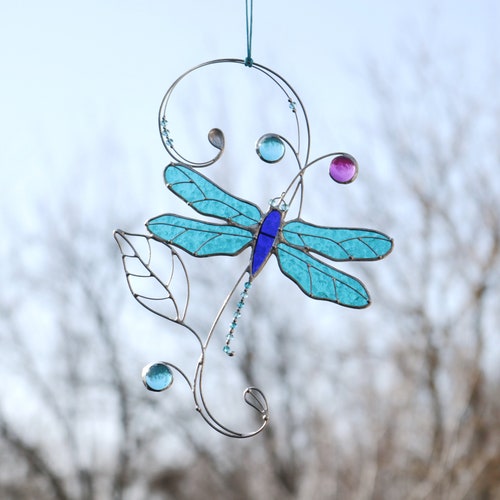 Stained Glass Dragonfly Suncatcher Window Hanging Modern Decor Etsy