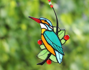 Kingfisher Bird stained glass window hangings gift Mothers Day gift