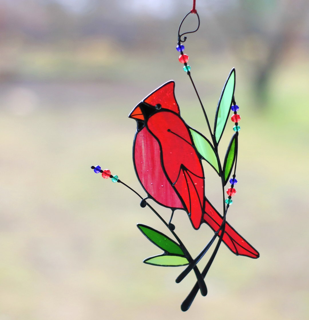 Suncatcher Stained Glass Art Window Hangings Cardinal Bird Home Decor