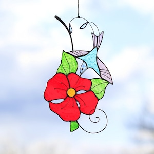Hummingbird with flower Stained Glass Art Suncatcher Window panel Bird Handmade Home decor Gift