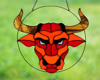 Bull Stained Glass Art Suncatcher Window hangings panel Handmade Home decor Gift