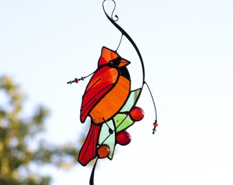 Suncatcher Stained Glass Art Window hangings Cardinal Bird Home decor Gift