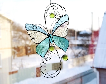 Sm OPAL BUTTERFLY stained glass suncatcher HAND CRAFTED ARTISAN LEADLIGHT GIFTS