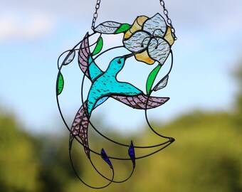 Hummingbird with flower Suncatcher Stained Glass Art Window hangings Home decor Gift