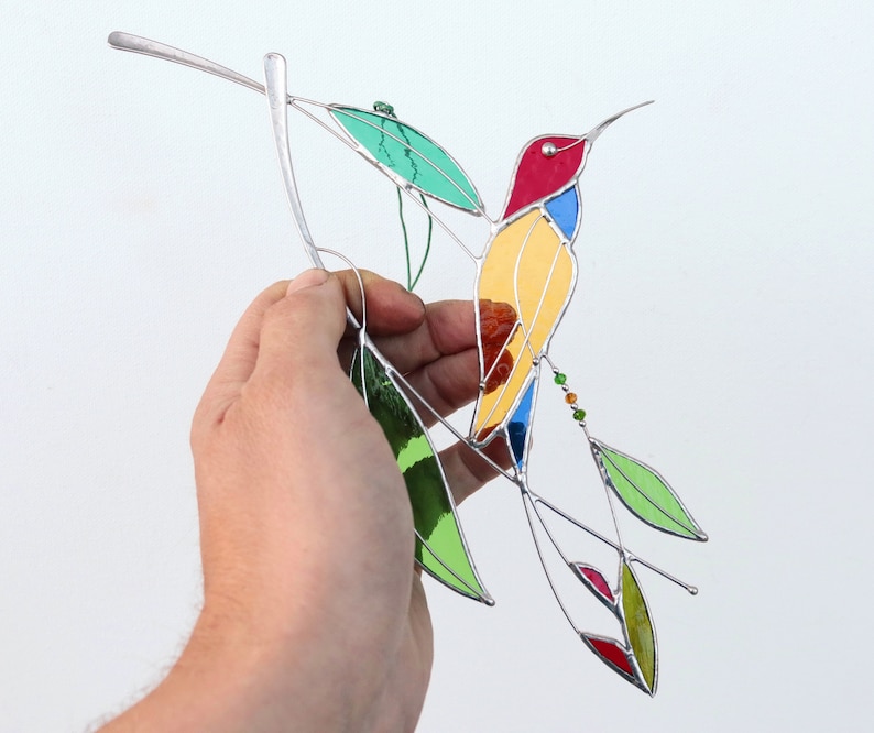 Suncatcher Stained Glass Art Window hangings Hummingbird Bird Home decor Gift image 3
