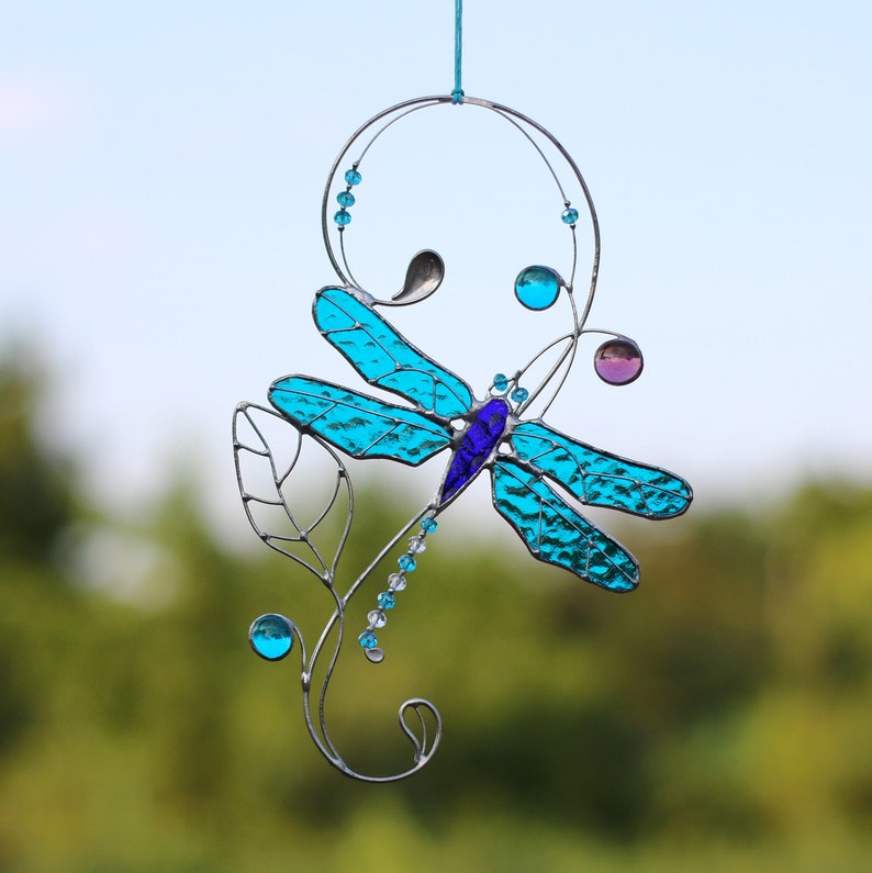 Stained Glass Art Window hangings Suncatcher Dragonfly Home decor Gift Present image 1