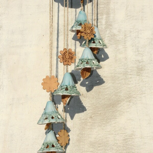Pottery Turquoise Mobile Wind Chimes with 7 Bells Ready to hang