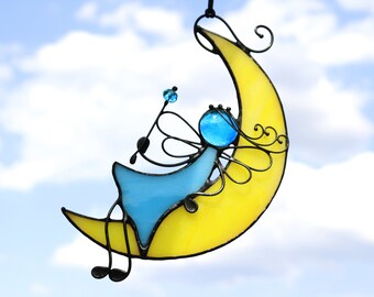 Suncatcher Stained Glass Art Window hangings Fairy on the moon Home decor