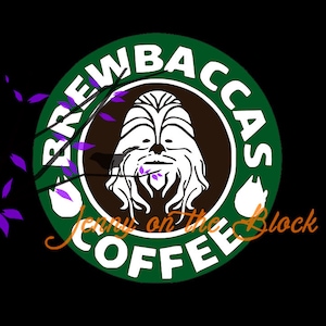 May include: A green and white logo with the text "Brewbaccas Coffee" and the words "Jenny on the Block" in orange. The logo features a cartoon image of Chewbacca from Star Wars.