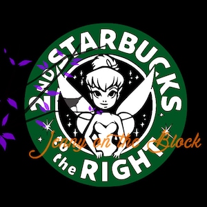 May include: Green circle with the text "Starbucks" and "2nd on the right" in white. Inside the circle is a black and white illustration of Tinkerbell with wings and a star-filled background.