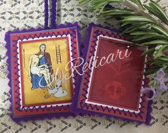 Katholisches Skapulier Lila - Marie Julie Jahenny Benediktion Mit Kreuz & Medaille 42cm